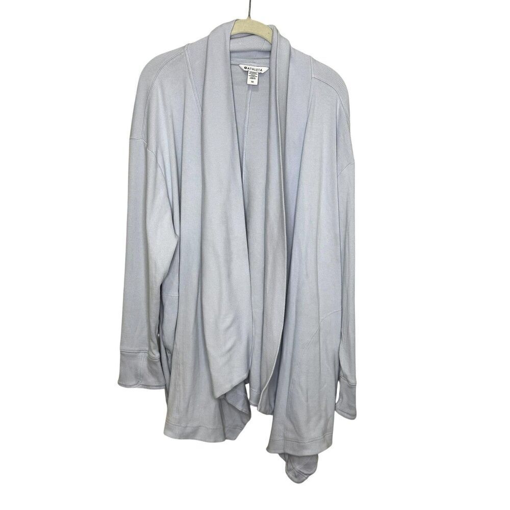 Athleta Cardigan Sweater Womens 1X Light Blue Open Front Draped Rib Knit Tencel